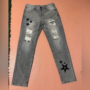 Stylish Gray Distressed Jeans with Star Accents
